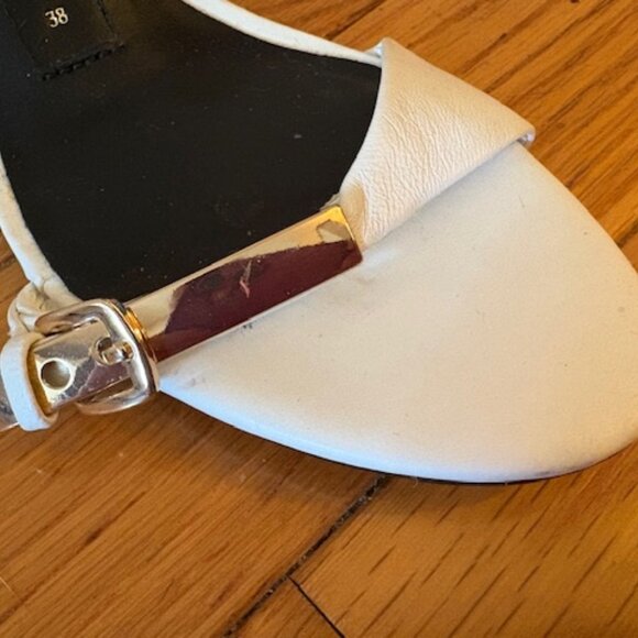 Zara White Leather Kitten Heeled Sandals W/ Gold Buckle, Sz 38 - Picture 6 of 14